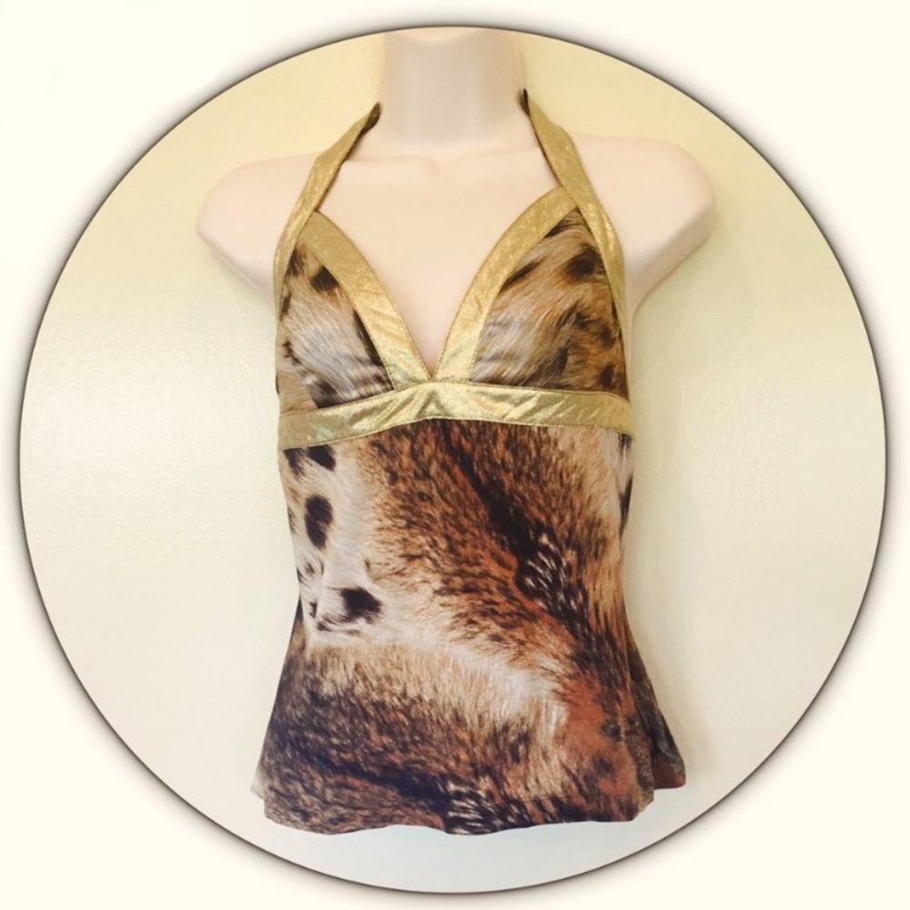 Just Cavali Animal print halter w gold trim sz S